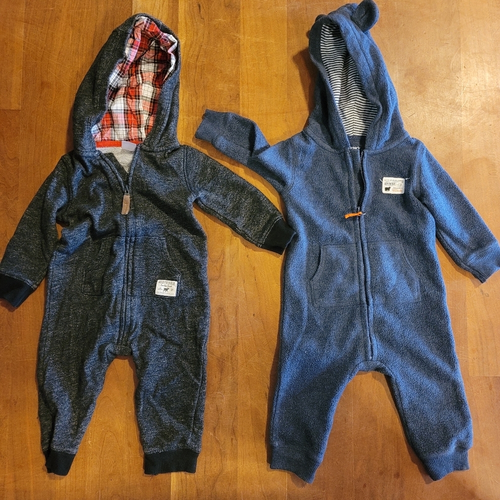 LOT Carter's Winter Onesie Outfits With Hood And Long Sleeves Both Blue 6m & 9mo